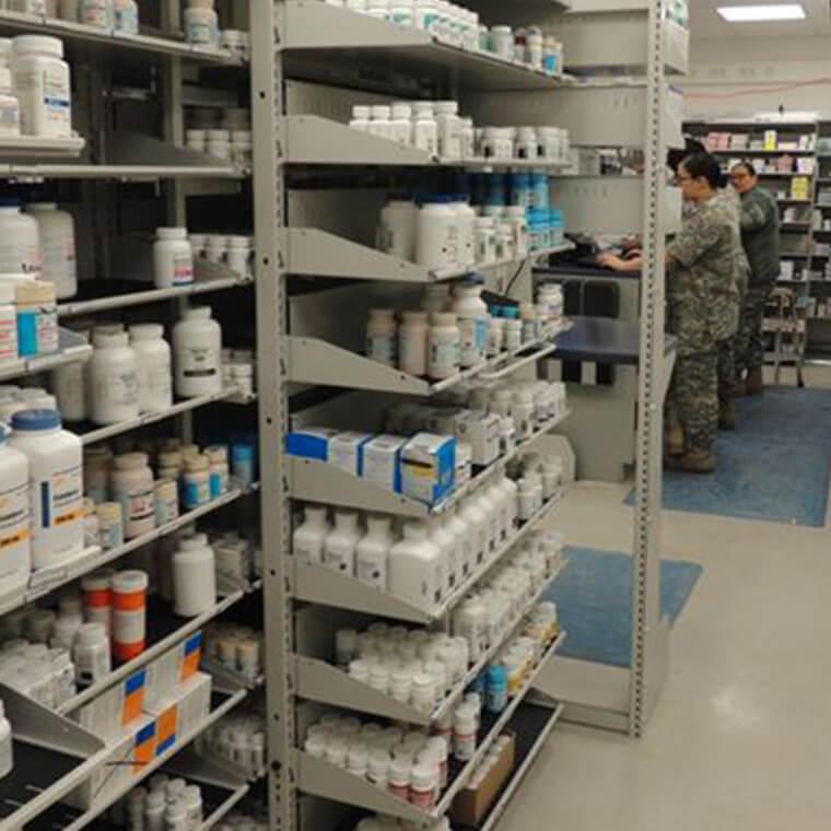 military medical drugs on spacesaver metal shelving system