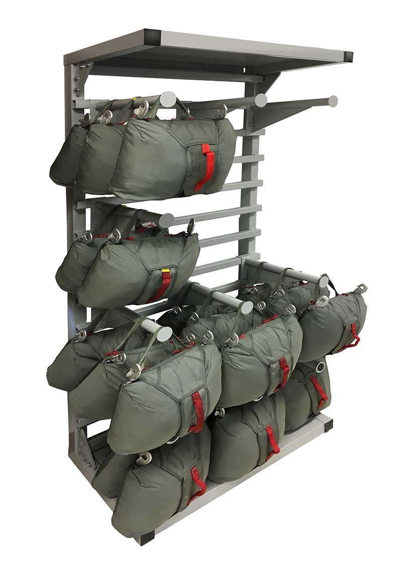 parachute storage on cantilever shelving